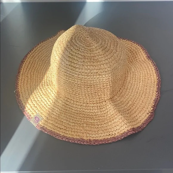 Mountain Hardwear Natural Raffia Straw Sun Hat Sz L Brown Trim Packable Vacation - Picture 3 of 6